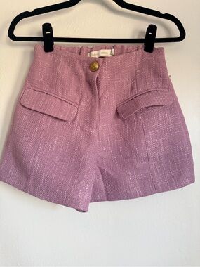 bishop + young Lilac Tweed High-Rise Shorts with Gold Button